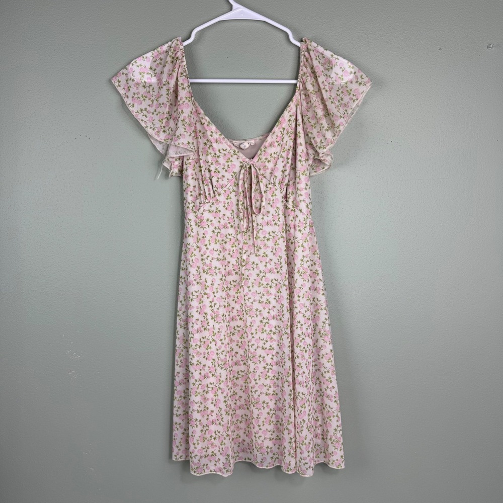 See You Monday Pink Floral Rose Babydoll Coquette Flutter Sleeve Mini Dress Med